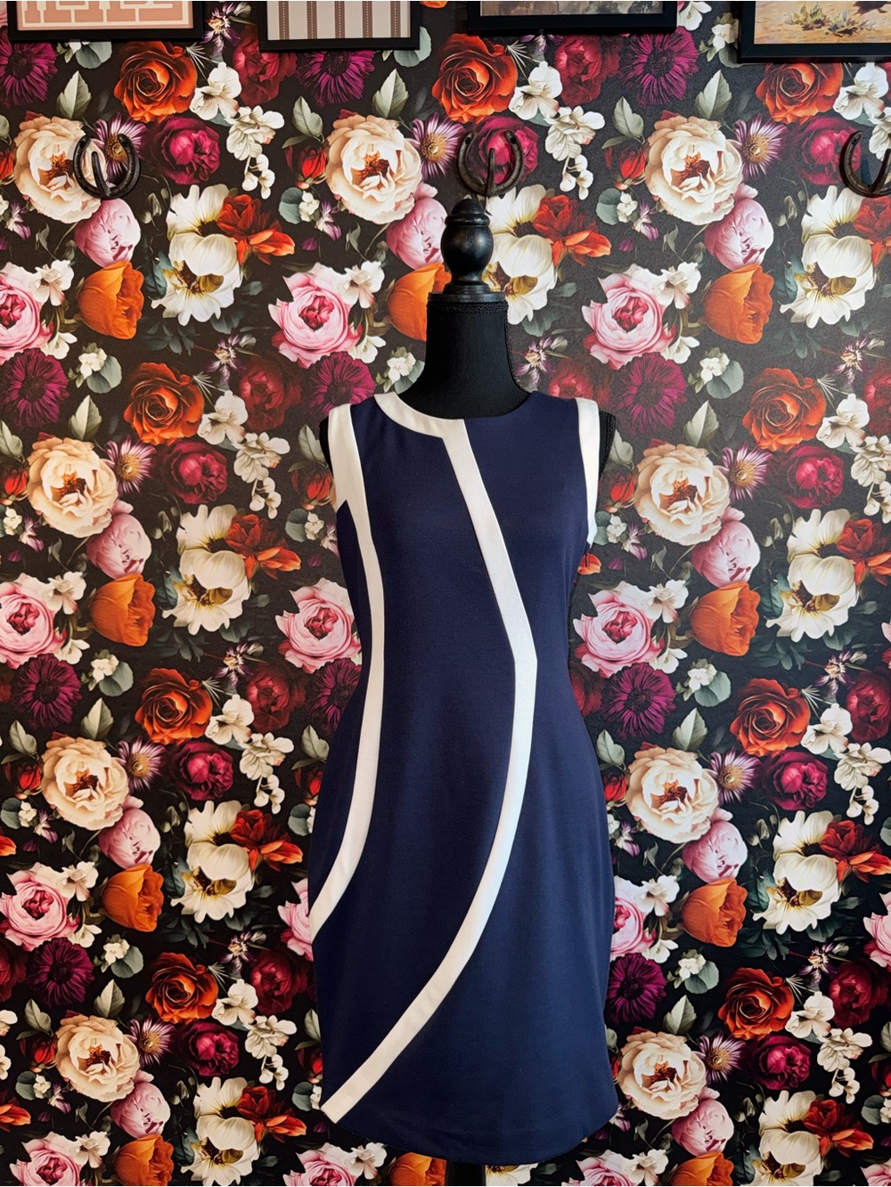 Calvin Klein Navy Sheath Dress with White Curved Trim, Size 4
